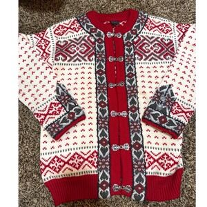 Dale of Norway Wool Cardigan Nordic Fair Isle Pewter Clasp Red White Grey 42